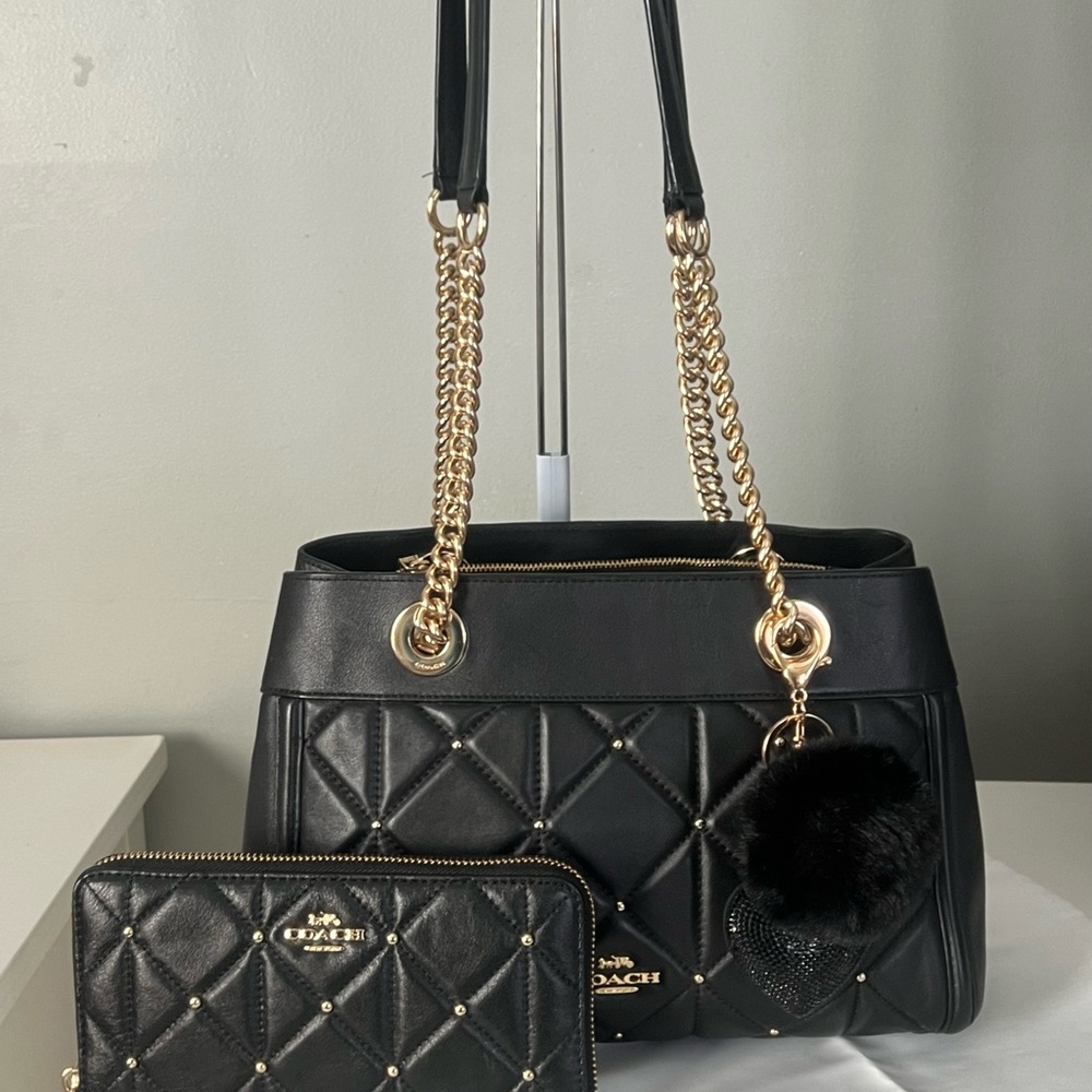 Coach Brooke Chain Carryall With Studded Diamond Quilting And Matching Wallet